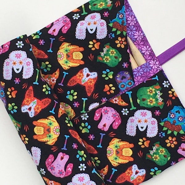 double pointed knitting needle case - organizer  - crochet hook - organizer - 28 pockets - colorful day of the dead dogs