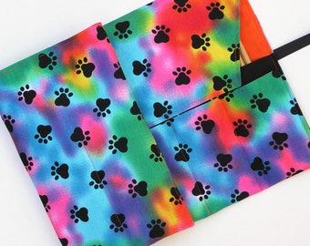 Handmade Knitting Needle Case Organizer - Rainbow Tie Dye Paw Prints