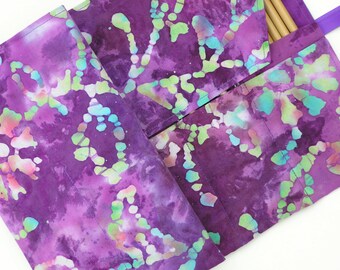 circular knitting needle case - double pointed knitting needle case - organizer - colorful purples batik