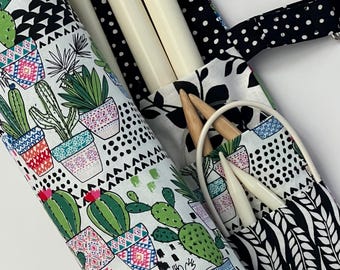 Handmade Knitting Needle Organizer - Mod Cactus Print Case