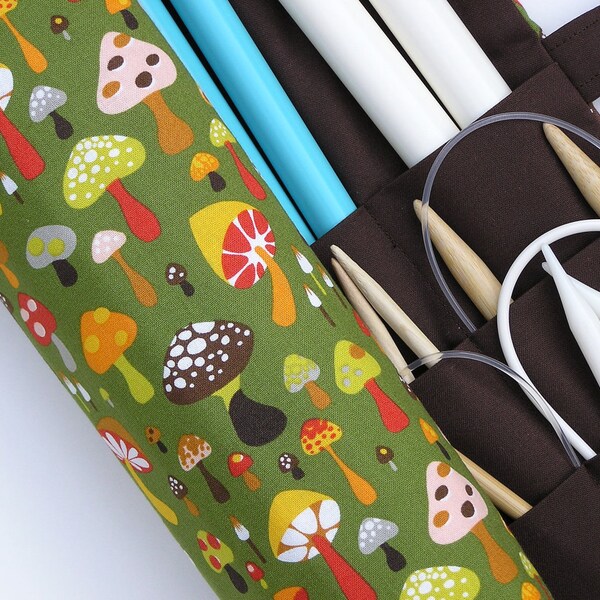 large knitting needle organizer - knitting needle case - mushrooms on olive- 36 pockets