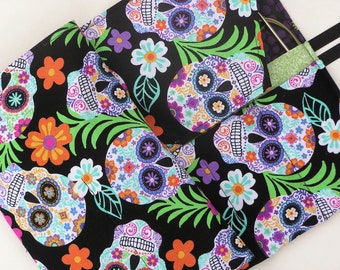 circular knitting needle case - double pointed knitting needle case - organizer - colorful day of the dead skulls