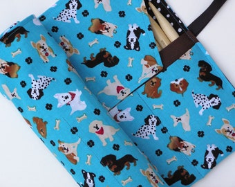 double pointed knitting needle case - organizer  - crochet hook - organizer - 28 pockets - dogs on blue