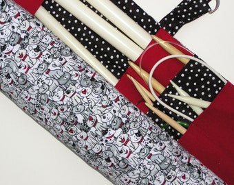 large knitting needle case - large knitting needle organizer - black, white and red dogs - 36 pockets