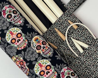 large knitting needle case - large knitting needle organizer - colorful day of the dead skulls - 36 pockets
