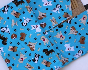 Handmade Knitting Needle Case: Turquoise Dog Print Organizer