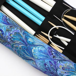 knitting needle case - knitting needle organizer - circular knitting needle case - oilslick in cool colors- 36 pockets