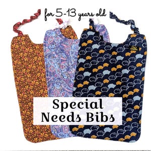 May include: Three rectangular bibs with elastic neck straps, labeled for 5-13 years old and Special Needs Bibs. The left bib has a brown floral pattern, the middle has a blue paisley print, and the right has a dark blue hedgehog pattern.