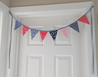 Double Sided Fabric Garland - 8 Flags 31" long - Patriotic Home Decor - Party Decor - Baby Showers - Garden Wedding Decor - Fabric Bunting