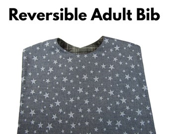 REVERSIBLE Adult Bib | MEDIUM Size Bib | Senior Bib | High Quality 100% Cotton Soft Bib | Clothes Protector | Feeding, Crafting, Drooling