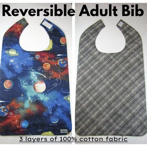 REVERSIBLE Adult Bib | LARGE Size Bib | Senior Bib | High Quality 100% Cotton Soft Bib | Clothes Protector | Feeding, Crafting, Drooling
