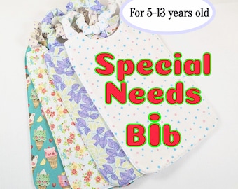 YOUTH BIB for 5-13 years old | Expandable Scrunchie Neck | Clothing Protector with PUL Waterproof layer | Girl's Kawaii Bib