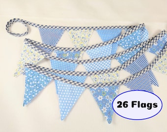 26 FLAGS 8.5 feet(102") Double Sided BLUE Fabric Garland - Home Decor - Party Decor - Baby Showers - Garden Wedding Decor - Fabric Bunting