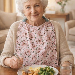 May include: A floral print adult bib featuring a pattern of pink peonies and green leaves on a white background. The bib is worn over a beige cardigan and includes a small white rectangular tag on the upper left side near the neckline.
