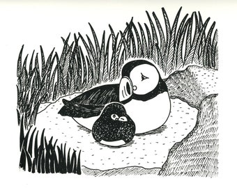 Puffin and puffling chick - limited edition silkscreen art print
