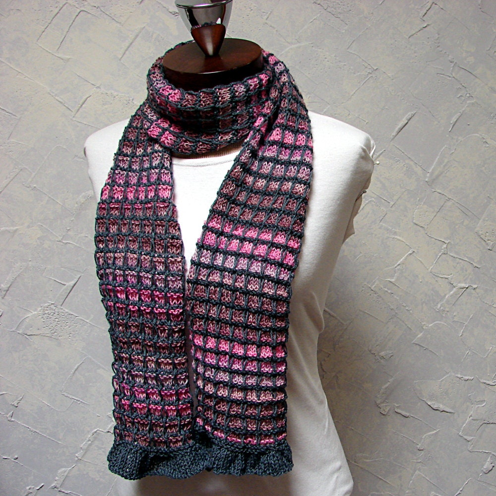 Pattern for Holiday Plaid Scarf With Ruffle Edging Hand Knit Scarf