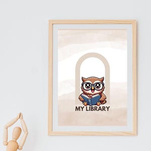 My Library Owl Printable Wall Art – Cute Reading Nook Decor – Kawaii Owl Poster for Home Library, Classroom or Kids' Room, Digital Download