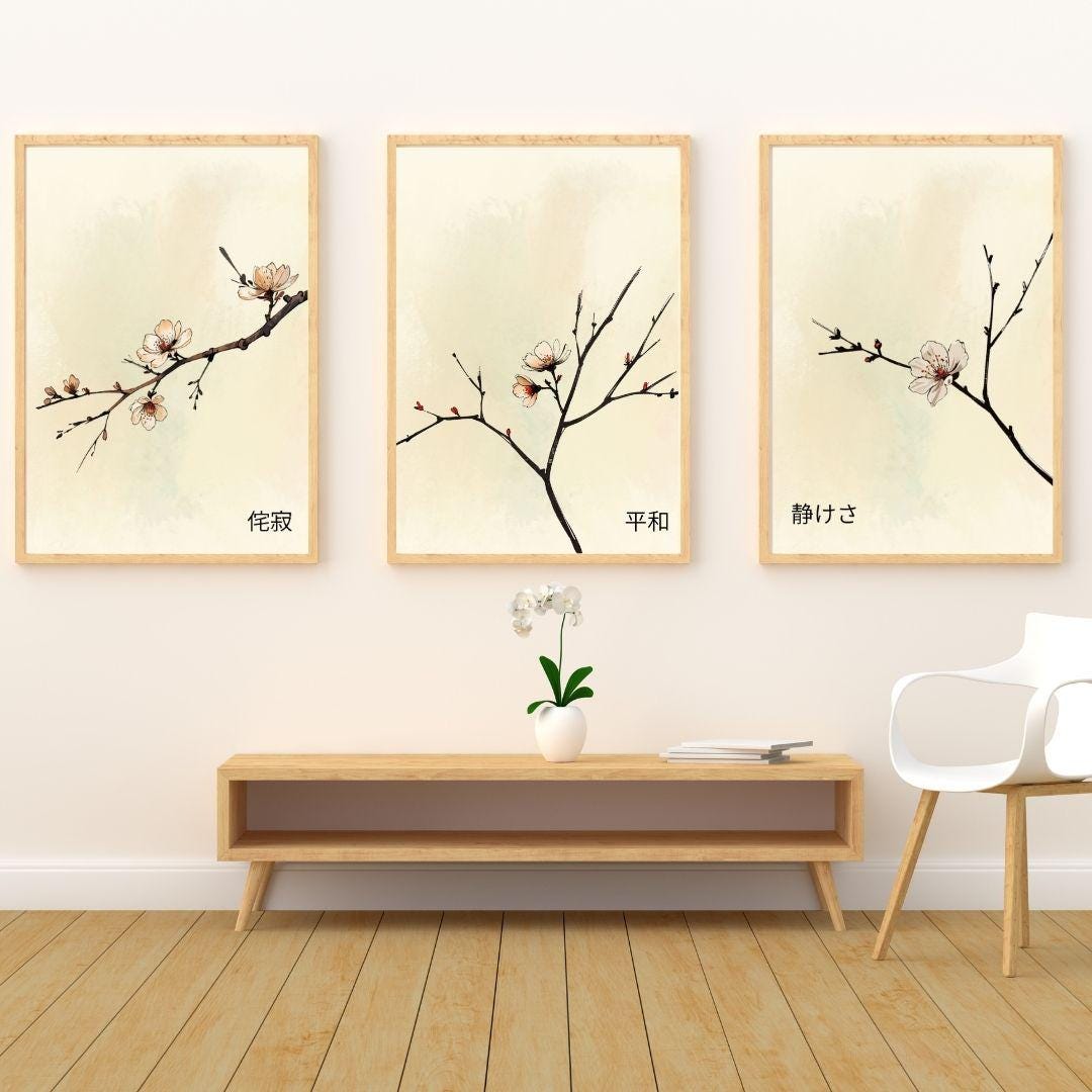 Japandi Wall Art Set of 3 – Sakura Branch With Kanji | Minimalist ...