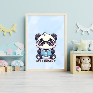 My Library Panda Printable Wall Art – Cute Reading Nook Decor – Kawaii Panda Poster Home Library, Classroom or Kids Room, Digital Download