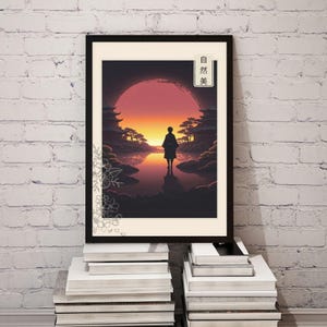 Japanese Sunset Wall Art – Samurai Silhouette Poster – Zen Landscape with Pagoda & Nature – Anime Inspired Digital Download – Sunset Decor