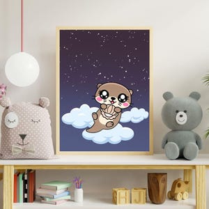 Kawaii Otter Wandkunst – Süße Wolke & Sternennacht Dekor für Kinder – Kinderzimmer Dekor – Kawaii Schlafzimmer Dekor für Kinderzimmer – Digitaler Download