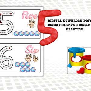 Peut inclure: Document imprimable éducatif avec les chiffres cinq et six, avec des lignes pointillées pour le traçage. Comprend les mots "Five" et "Six" en rose, ainsi que des illustrations de mains et de bulles colorées. Le texte indique "DIGITAL DOWNLOAD PDF: EASY HOME PRINT FOR EARLY MATH PRACTICE."