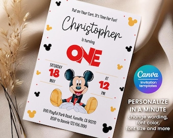 Editable Mouse 1st Birthday Invitation, Clubhouse Party (Canva Template)