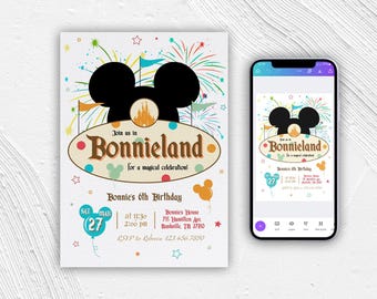 Mickey Mouse Birthday Invitation, Amusement Park Theme (Printable Editable Template)