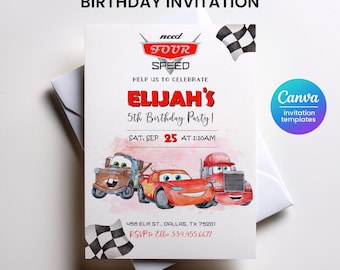 Lightning McQueen Birthday Invitation, Racing Template (Canva)