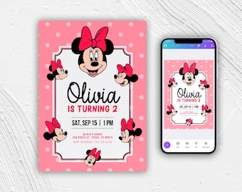 Invitación de cumpleaños para niña imprimible, invitación electrónica, plantilla de invitación de cumpleaños de ratón, invitación de Minnie