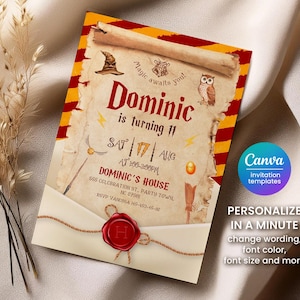 May include: A custom invitation with a parchment-style background, featuring the text "Dominic is turning 11." The design includes illustrations of a wizard's hat, owl, and other magical elements. The invitation is personalized with event details and a Canva logo.