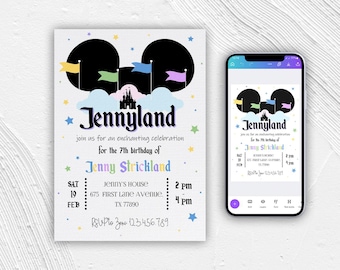 Editable Theme Park Birthday Invitation, Mouse Ears, Kids Party (Digital Download)