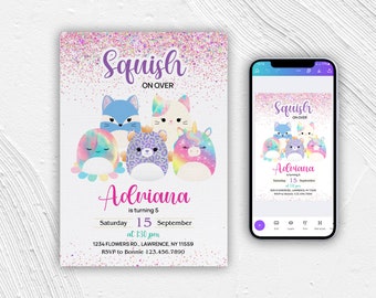 Printable birthday invitation, girl birthday invite, squish invitation, squishmallow Editable invitation, instant download, squishy party