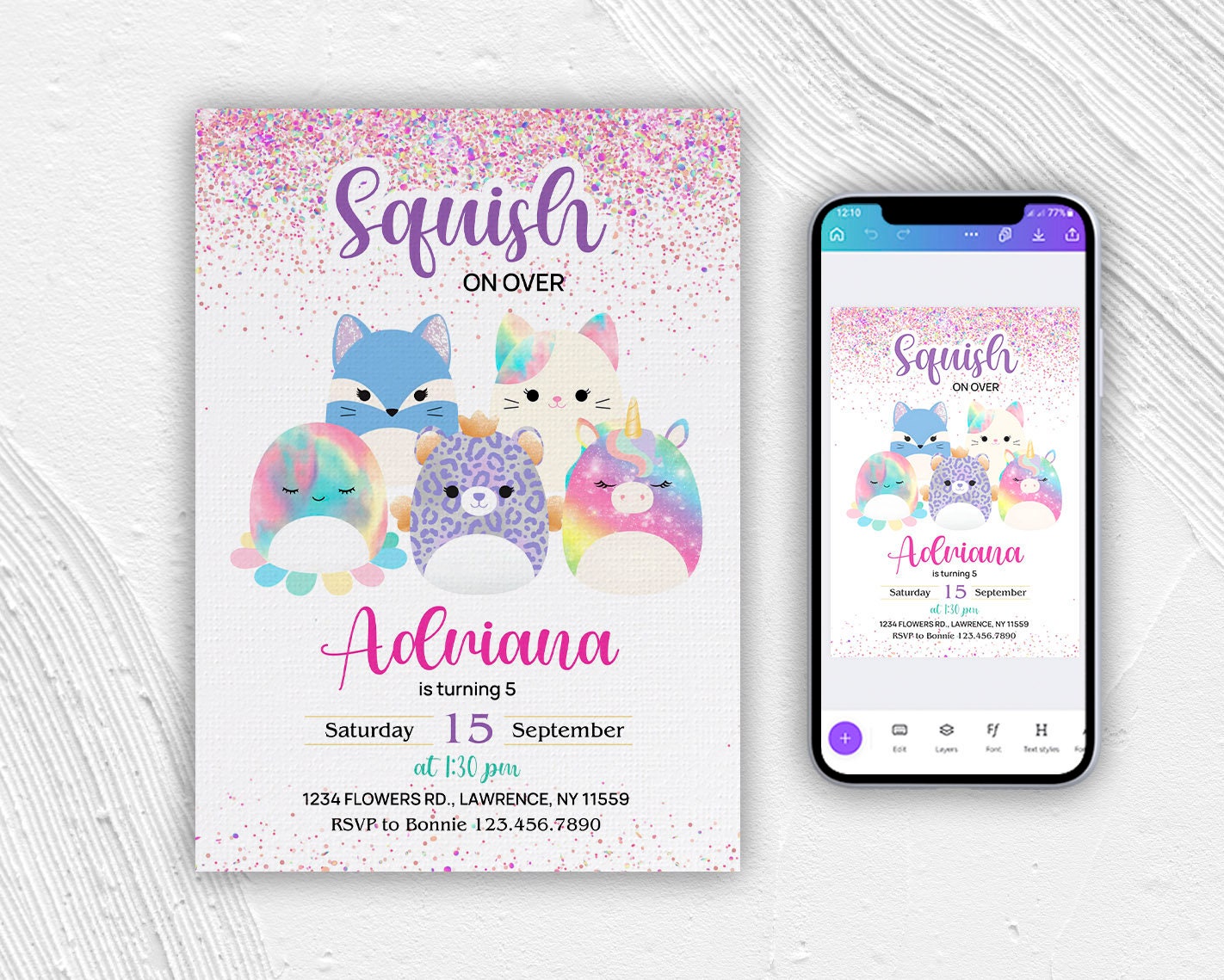 Printable birthday invitation girl birthday invite squish invitation squishmallow Editable invitation instant download