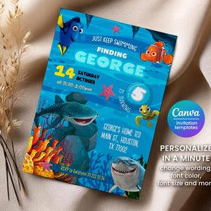 Puede incluir: Una tarjeta de invitación azul y verde con un tiburón, una ballena y una estrella de mar de dibujos animados. El texto de la tarjeta dice "Just Keep Swimming Finding George 14 Saturday October at 11:30-2:00pm 5 is turning George's Home 123 Main St, Houston, TX 77002 RSVP to Katelynn 111 222 33 34".
