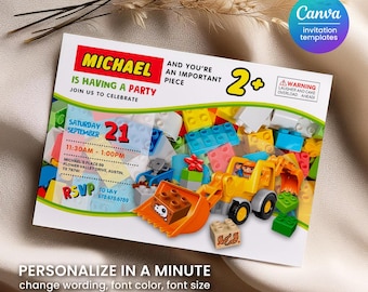 Building blocks invitation, bricks invite, printable editable  invitation template, construction excavator invite template, 1st 2nd 3rd bday