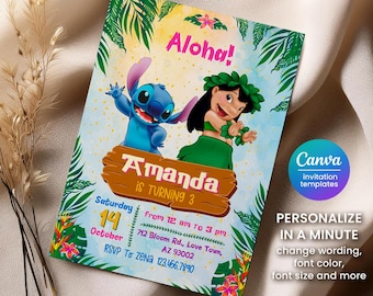 May include: A colorful invitation for a 3rd birthday party with a tropical theme. The invitation features a cartoon Stitch and a hula girl with the text "Aloha! Amanda is turning 3". The invitation includes the date, time, and location of the party.
