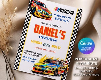 May include: A white invitation with a NASCAR theme, featuring race cars and checkered flag borders. The invitation reads "Daniel's 6th Birthday" with event details and RSVP information. The Canva logo is visible.