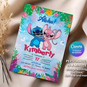 Printable Stitch Birthday Invitation Template, Editable Stitch Girls Birthday Invitation, Lilo Stitch Angel Birthday Invite