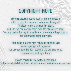 Puede incluir: Texto sobre un fondo blanco con un borde turquesa. El texto dice "COPYRIGHT NOTE" seguido de un descargo de responsabilidad sobre el uso de personajes/im&aacute;genes, licencias y descargas digitales. Aconseja revisar la descripci&oacute;n.