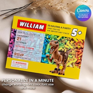 May include: Yellow invitation card with the name "WILLIAM" in red, featuring a dinosaur and colorful building blocks. The card includes party details: date, time, and RSVP information. The text "PERSONALIZE IN A MINUTE" is also visible.