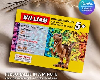 Building Blocks invitation, Bricks invite, printable editable Jurassic Dinosaur invitation template, Constructor Dino invite template