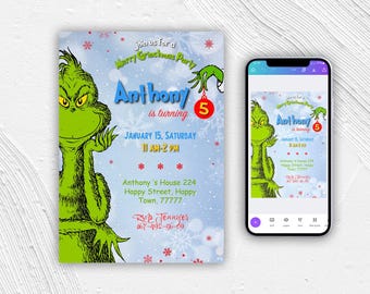 Merry Grinchmas Party invitation, editable Winter invite, printable Grinch Birthday invitation template, Merry Christmas