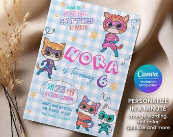 SuperKitties Invitation, Calling All SuperKitties to Celebrate Invite, Comic Panel Masked Kitten Hero Party Template