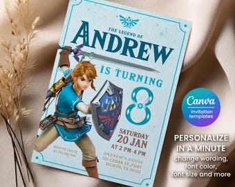 Legend of Zelda Birthday Invitation, Gamer Party (Digital Download)