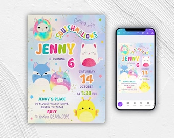 Może przedstawiać: Kolorowe zaproszenie na 6. urodziny z tęczowym tłem i wieloma uroczymi postaciami z kreskówek. Zaproszenie zawiera napis "Calling All Squishmallows" i "Jenny kończy 6 lat". Urodziny odbędą się w sobotę, 14 października o 13:30. Adres to Jenny's Place, 99 Flower Valley Drive, Austin, TX 78741. Prosimy o potwierdzenie uczestnictwa do Lindsey pod numerem 123.456.7890.