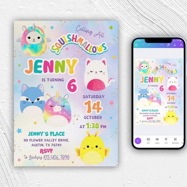 Printable birthday invitation, girl birthday invite, squish invitation, squishmallow Editable invitation, instant download, squishy party