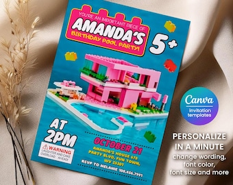 Building blocks invitation, Building blocks water slide invite, printable editable invitation template, constructor invite template
