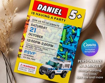 Building Blocks Police Birthday Invitation, Join Us to Celebrate Party Invite, Brick Police Van Boy Party Editable Template