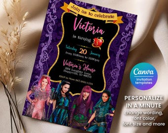 Descendants Birthday Invitation, Digital Party Template (Canva)